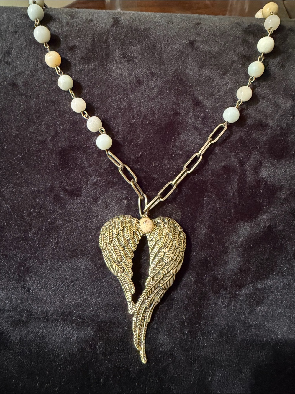 Antiqued Gold Metal Angel Wings Heart Pendant Necklace with Natural Stone Beads